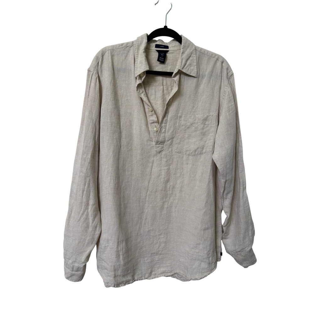 Y2K Gap Mens 100% Linen Popover Shirt M Oatmeal Beige Long Sleeve Henley Pocket